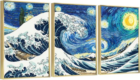 Framed Canvas Wall ArtOil Paintings Impressionism Aesthetic Prints Canvas Paintings for Living Room Bedroom Office Home; 3 Panels (GOLD: 12*16)